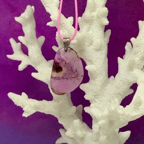 Pink Druzy Geode Agate Slice Pendant Necklace on Waxed Cotton Cord Handmade - Picture 10 of 14